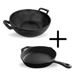 The GSP Cookware Pre-Seasoned Cast Iron Set | Fry Pan (24 cm/1.5L) + Kadai (25 cm/2.7L) | Kitchen Cooking Combo Pots and Pans Set of 2Pcs | Naturally Nonstick