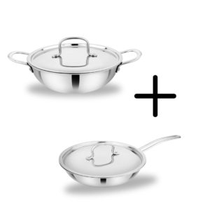 GSP Tri-Steel Stainless Steel Cookware Set: Kadai with Lid+ Frypan, Premium Quality, Tri-ply (3 Layer) Bottom, Soft-touch Handles, 100% Toxin-free, Non-stick, Induction & Gas